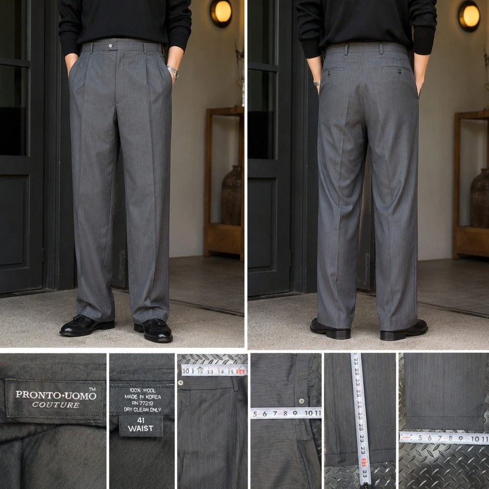 Pronto Uomo Couture Mens 41‎ Wool Pinstripe Pleated Cuffed Dress Pants Gray